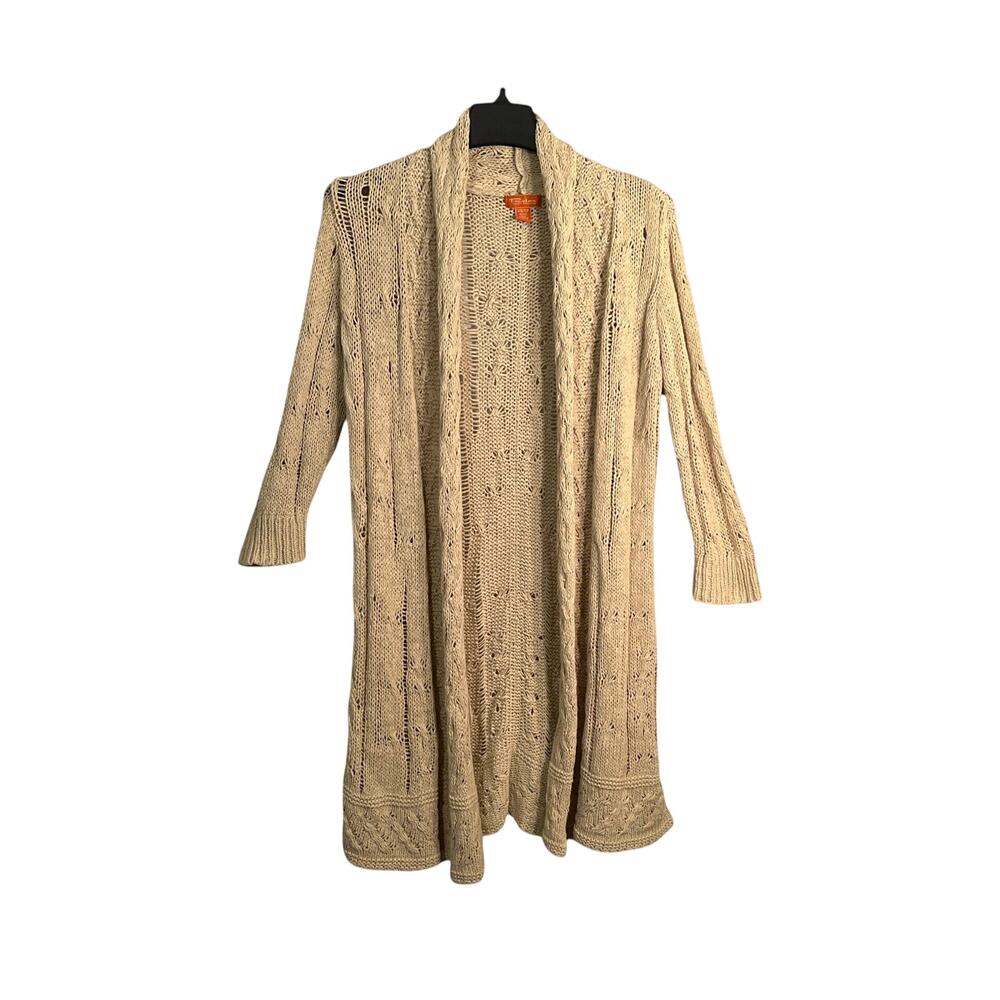 Tommy Bahama Womens Long Open Front Cardigan Sweater Beige Knit Duster Coastal